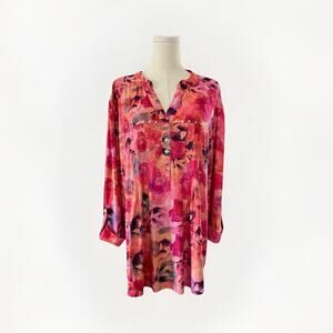 Cocomo Y2K Studded Floral‎ Top 1X Plus Boho Roll Tab Stretchy Abstract Pleated